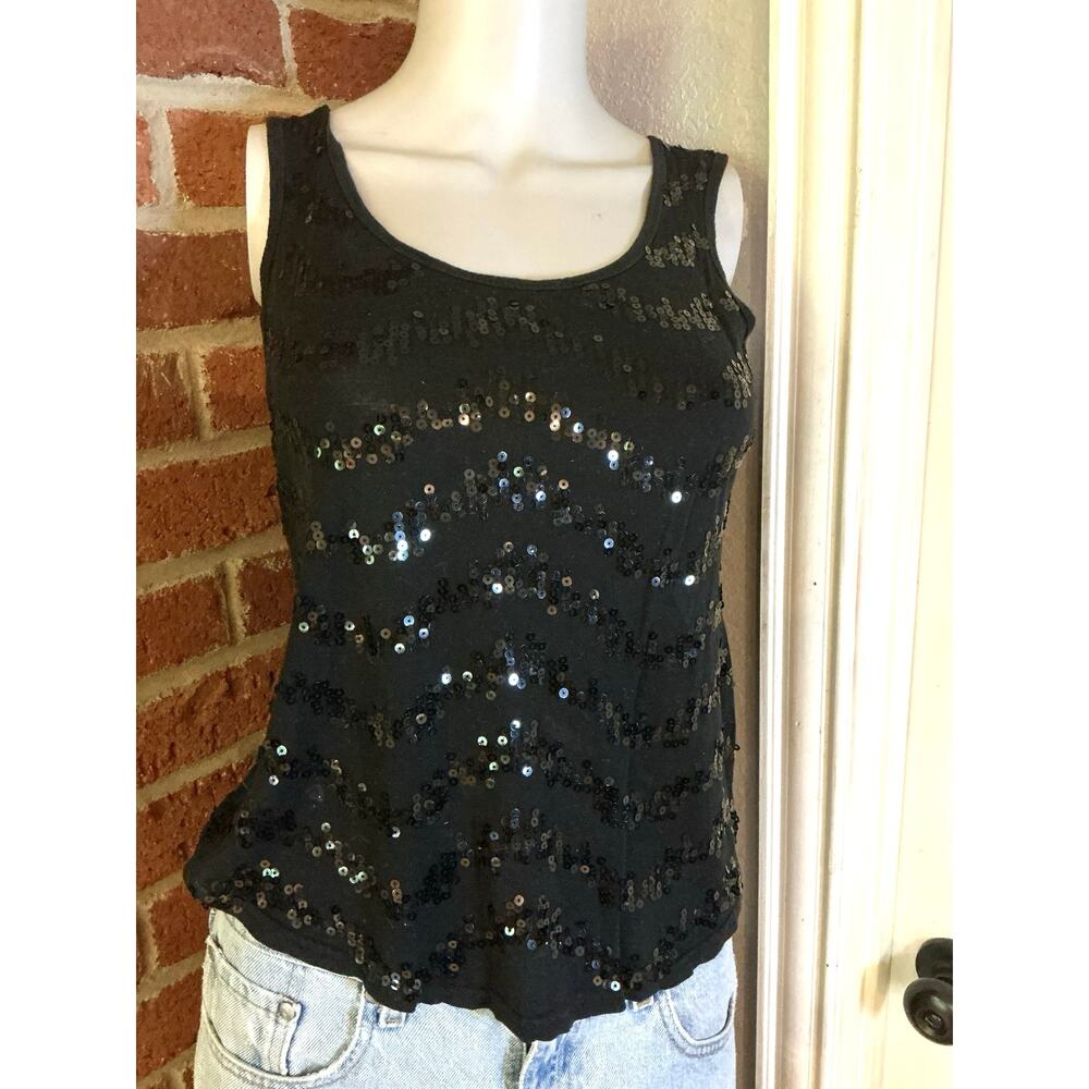 Black Sequin Tank Top Sparkle Party Going Out Top Size Medium Edgy Festival Glam